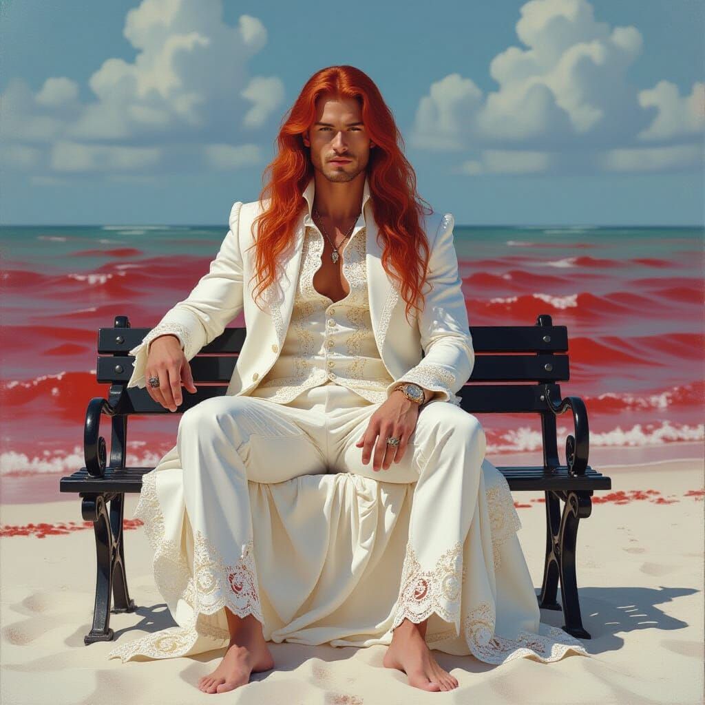Renaissance Man on Crimson Beach as Oil Painting