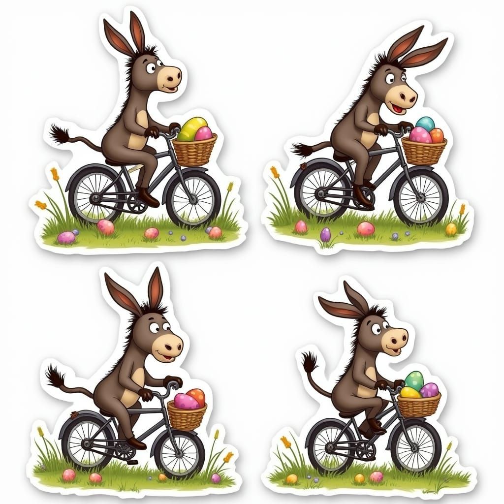Comical Donkey Bicycles in Easter Egg Meadow
