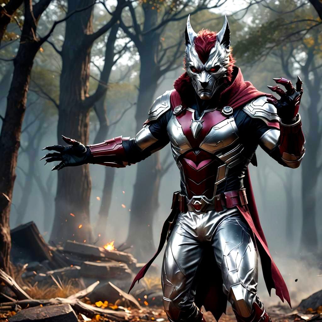 Wolf Superhero in Silver and Maroon Costume