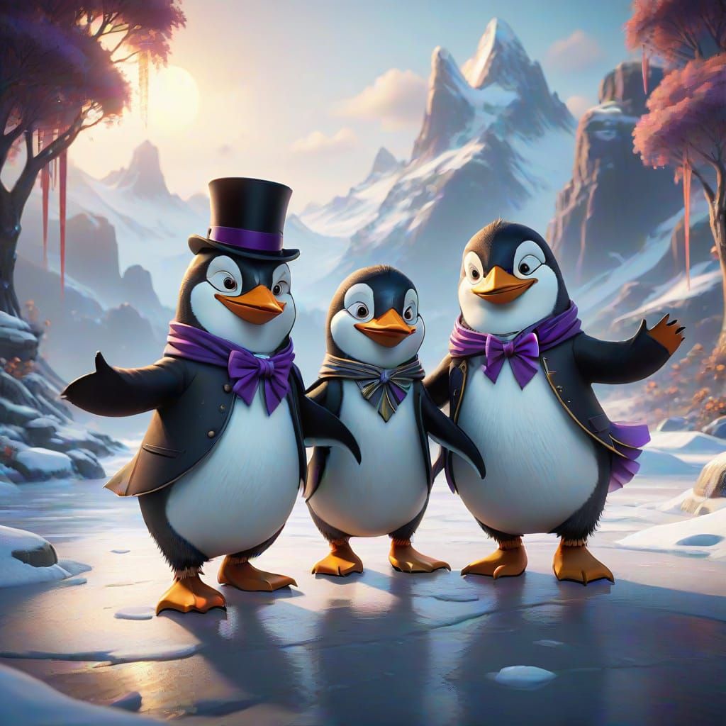 Penguin Couple Dances in Whimsical Cartoon Ice Scene