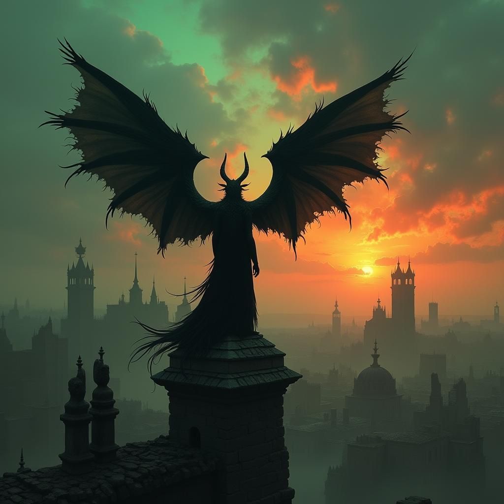 Majestic Winged Creature Overlooking Mystical City