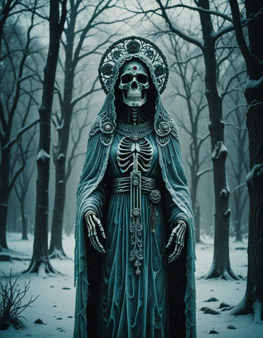Ethereal Santa Muerte in Frosty Winter Landscape