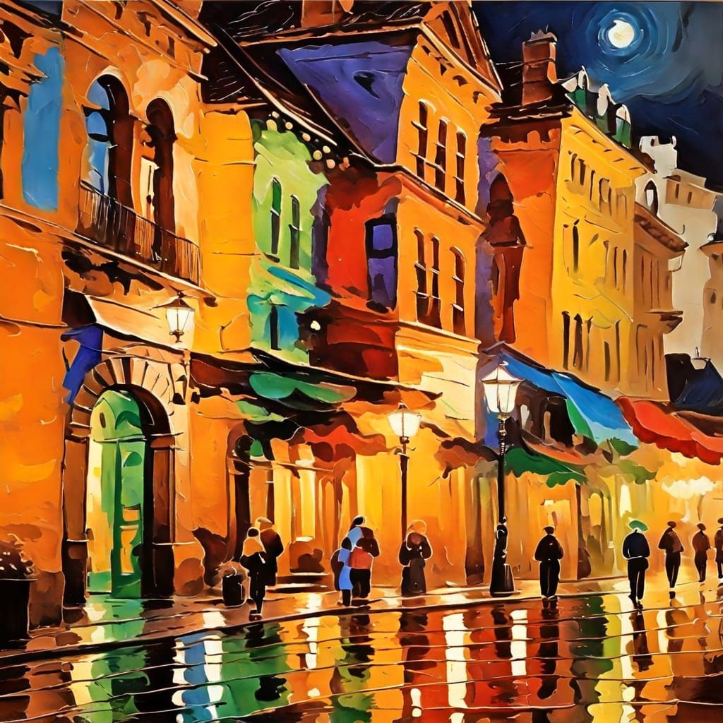 Illuminated City at Night as Oil Painting