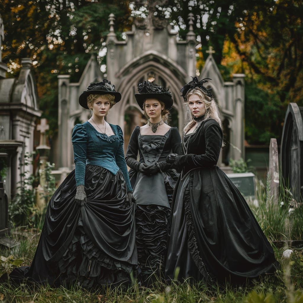 Victorian Gothic Sisters in Cemetery: Cinematic Digital Art