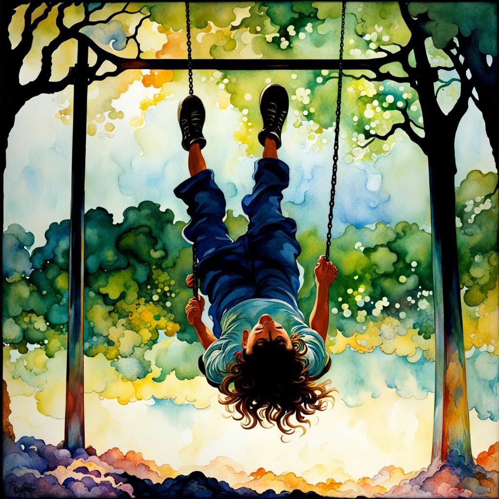 Child Swings High: Watercolor Silhouette in Art Nouveau Styl...