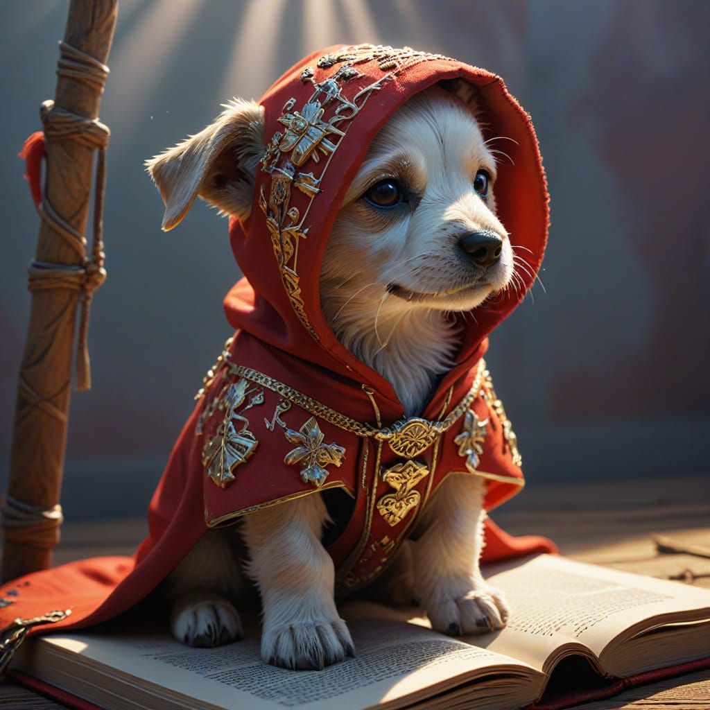 Anthropomorphic Puppy Wizard with Magic Staff