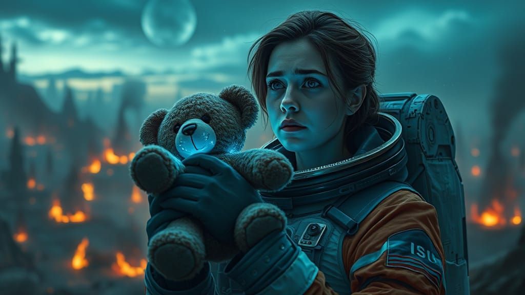 Brunette in Spacesuit with Teddy Bear