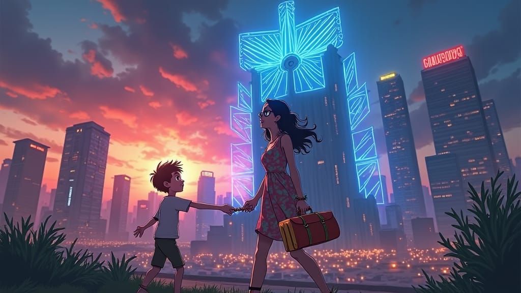Mother and Son Admire Vibrant Cityscape