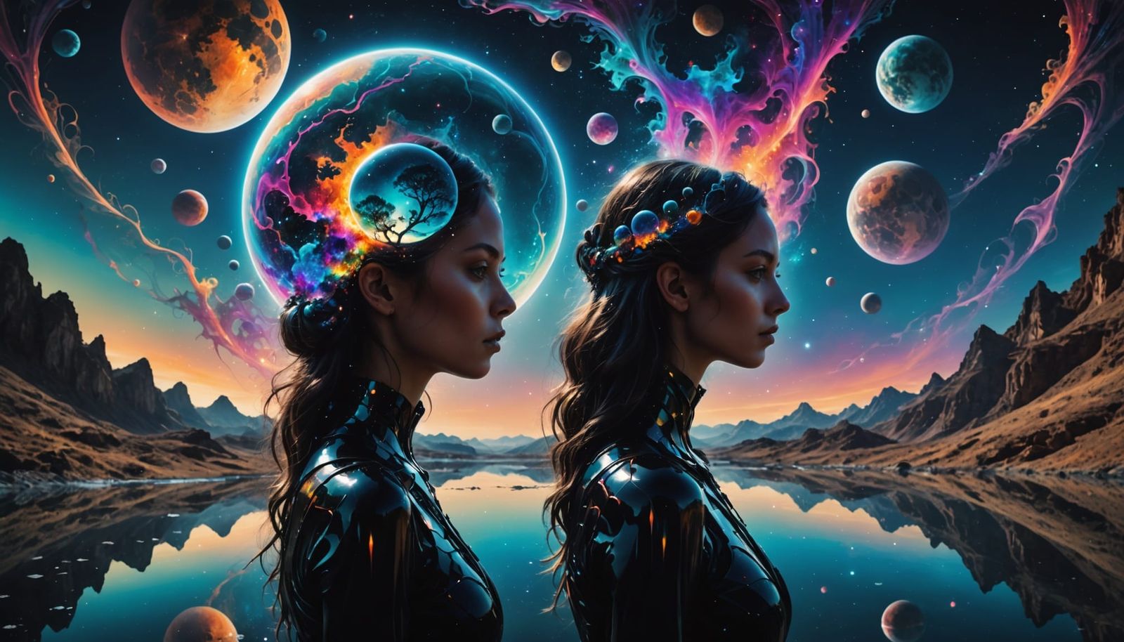 Surreal Double Exposure Of Girl Filled With Alien Planet