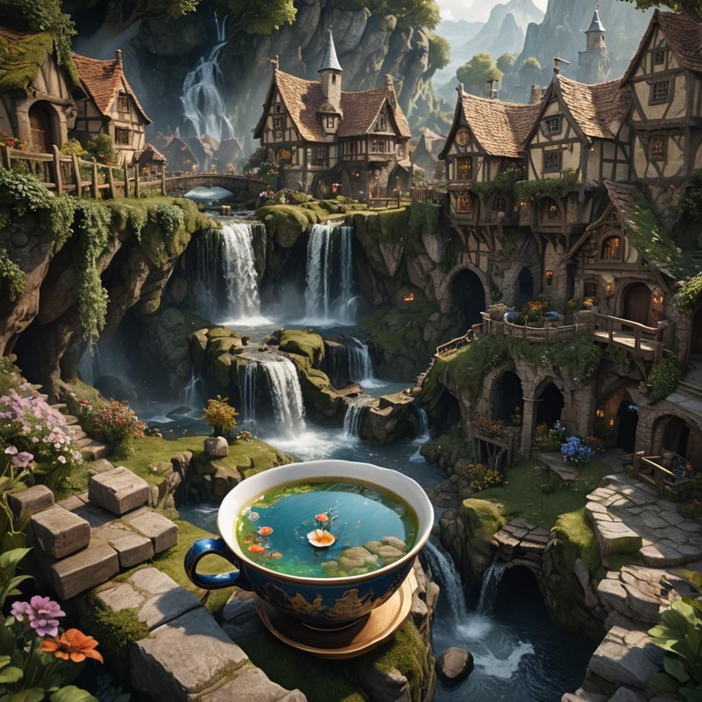 Teacup English Village Waterfall in Medieval Fantasy Style