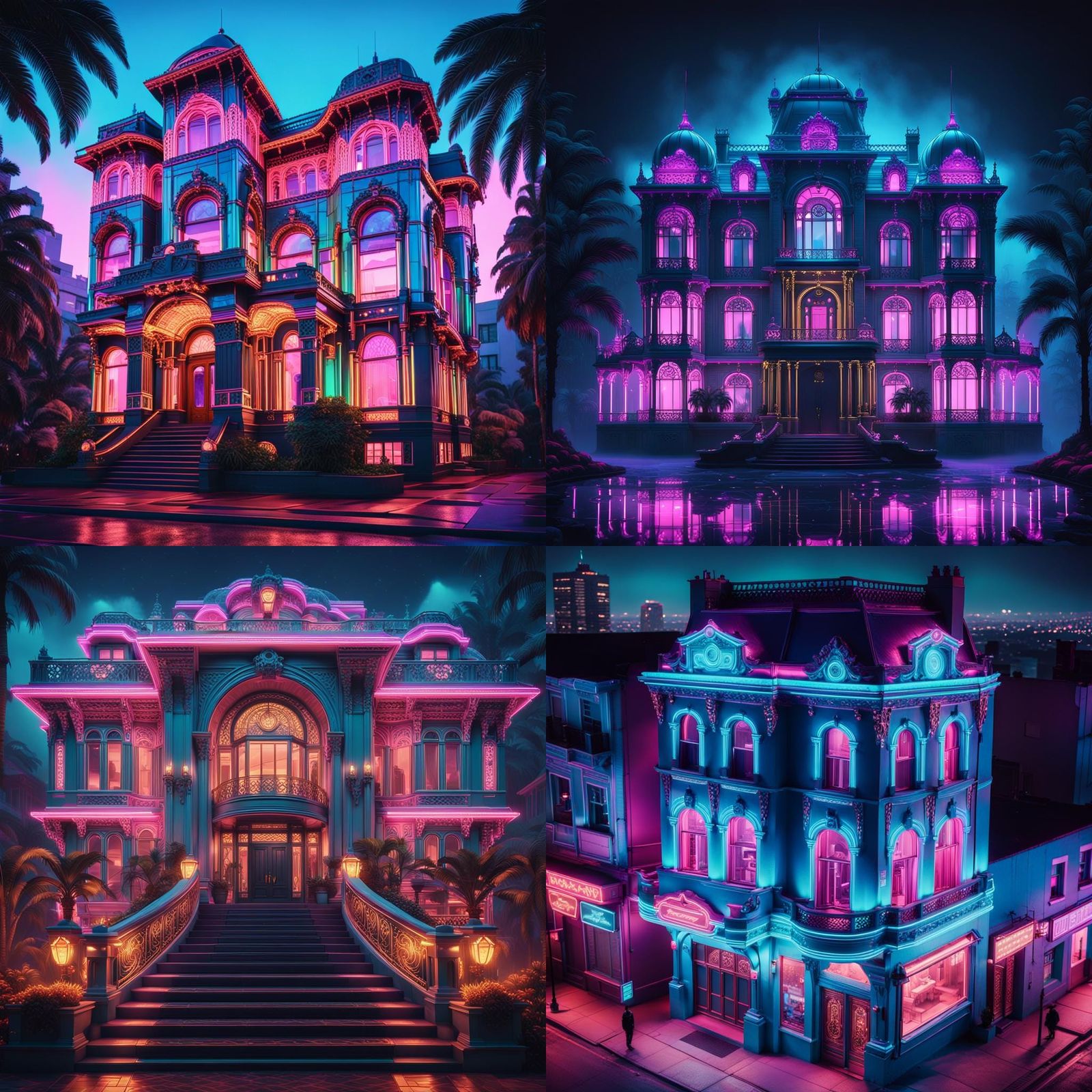 Victorian Art Deco House in Synthwave Neon Style