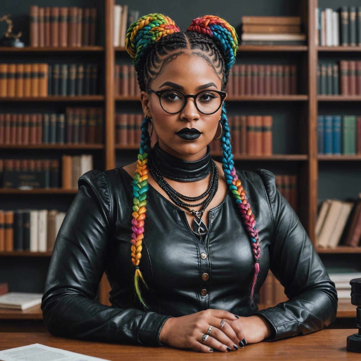Librarian with Rainbow Hair on a Desk