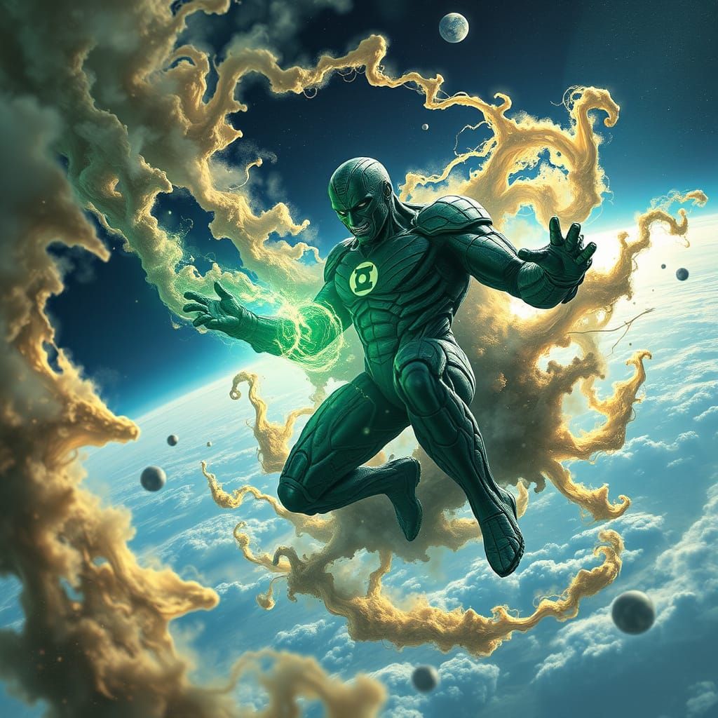 Cosmic Green Lantern Hovering in Space with Earth