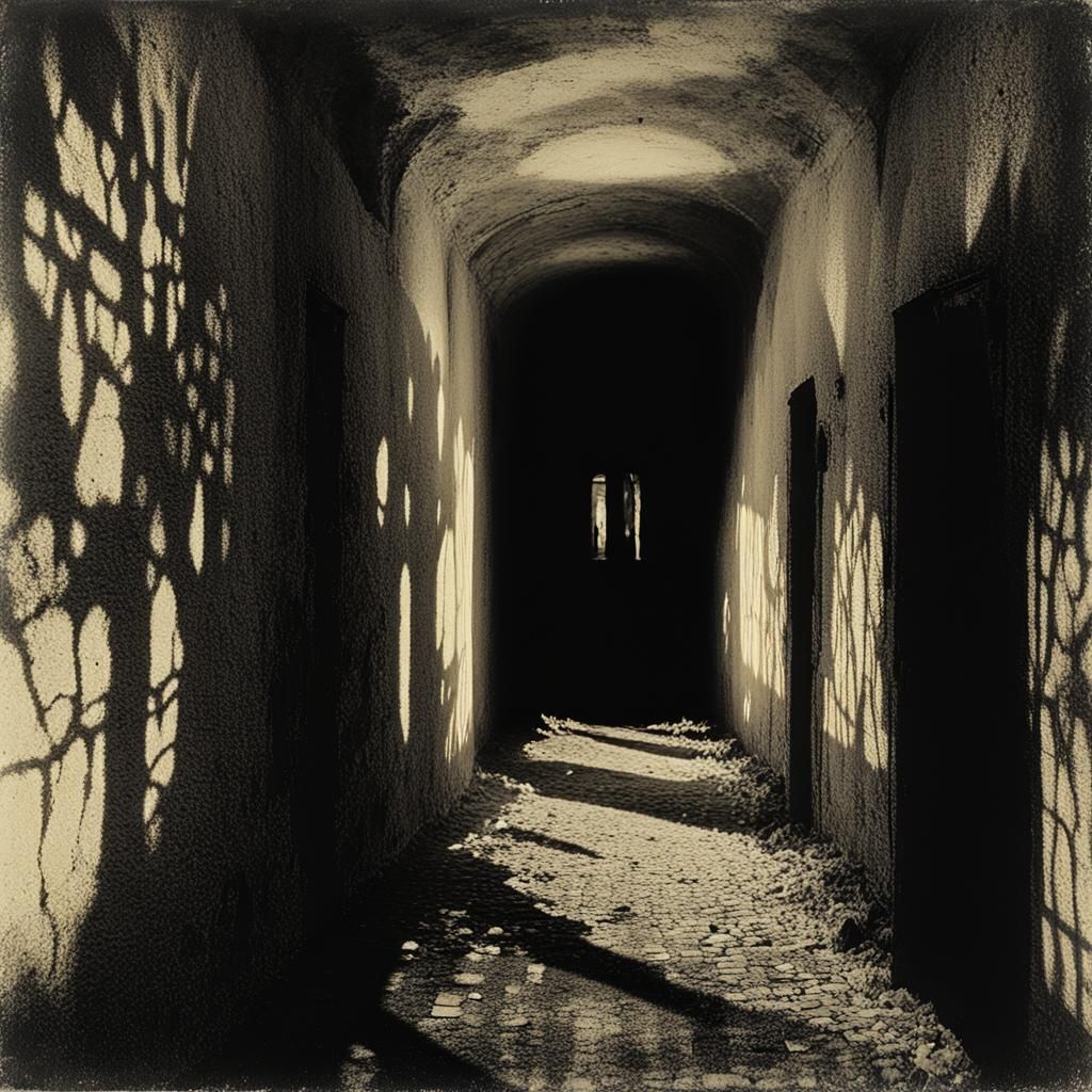 Eerie Gothic Corridor with Shadowy German Expressionist Styl...