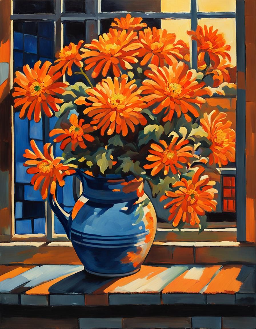 Chrysanthemums and Autumn Leaves: Oil Painting