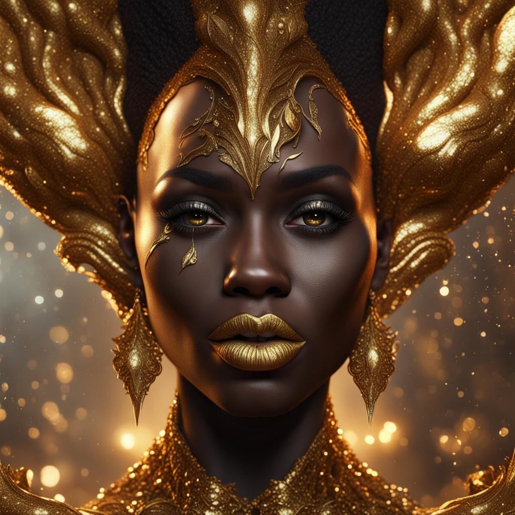 Gold Lips, Ebony Skin: Detailed Fantasy Portrait