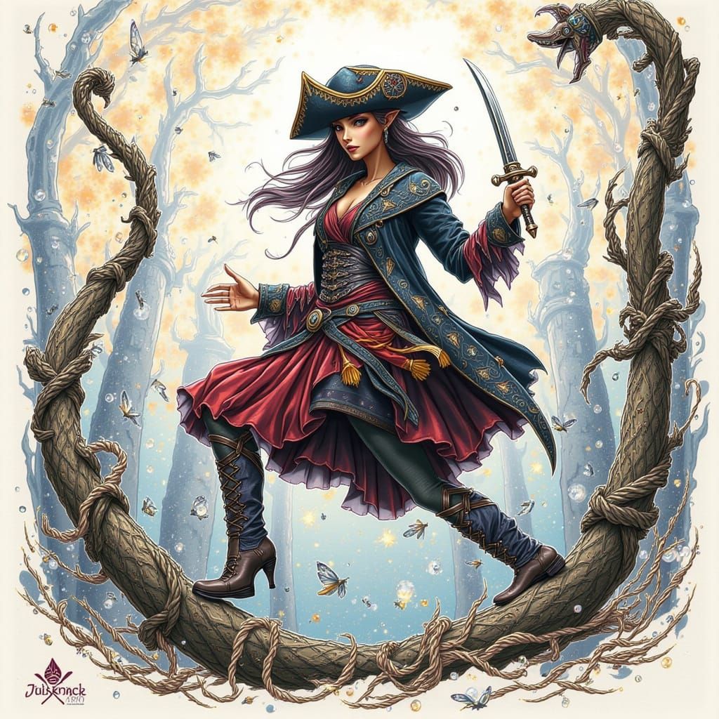 Elf Swashbuckler Balancing, Ink Drawing in Pathfinder Style