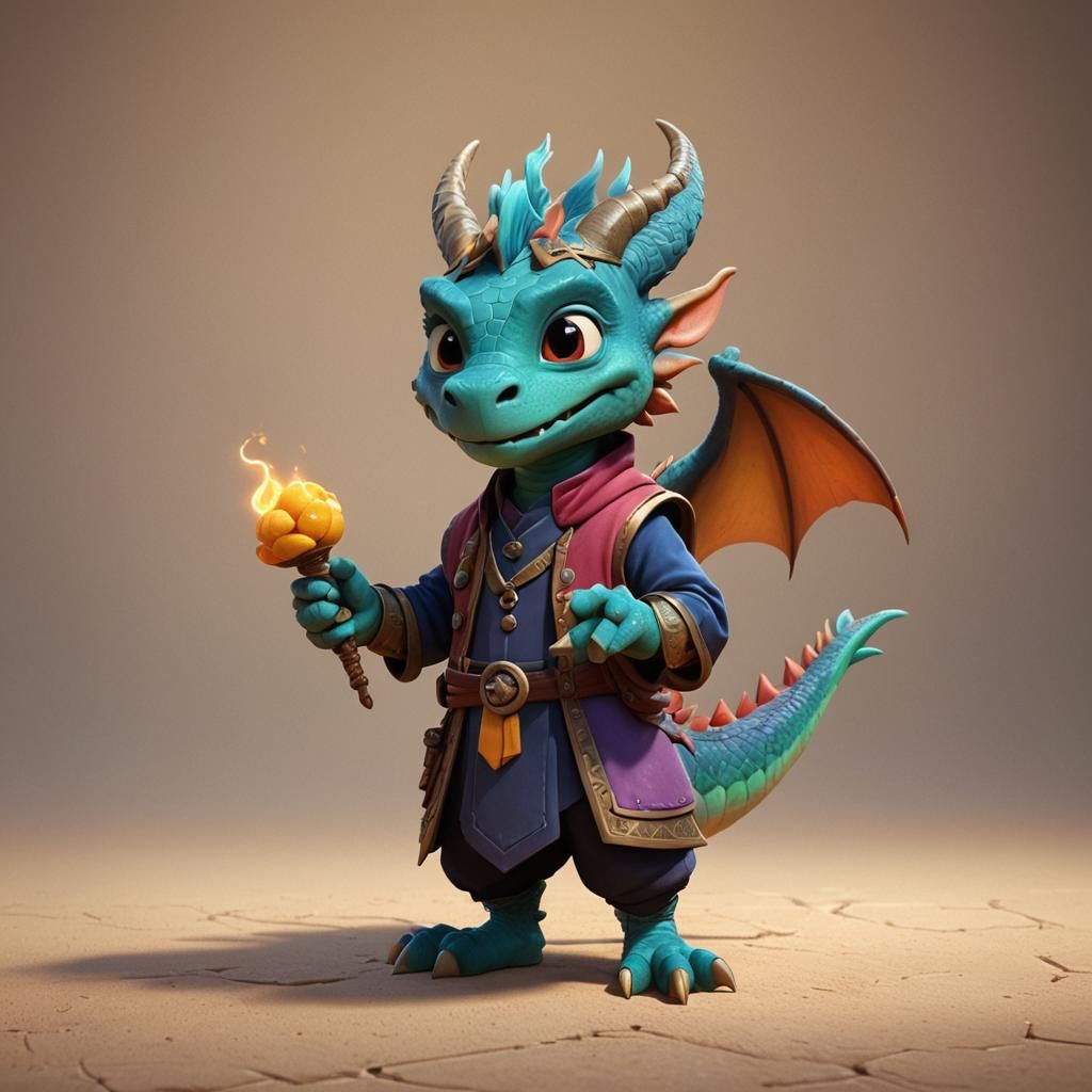 Cute Dragon Merchant in Pixar-Inspired 3D Art