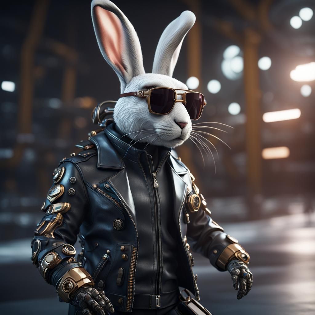 Futuristic Anthropomorphic Rabbit in Leather Jacket
