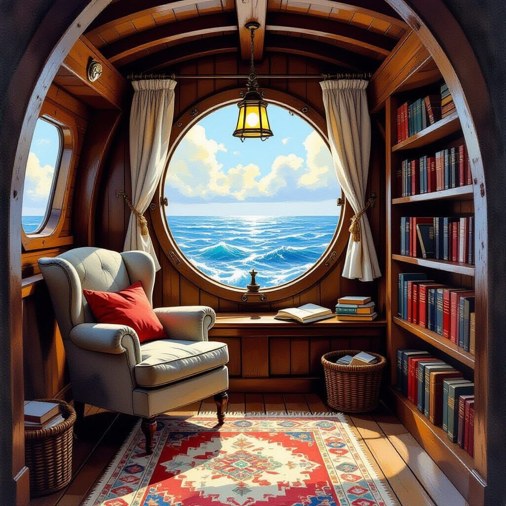 Cozy Ship's Reading Nook with Ocean View