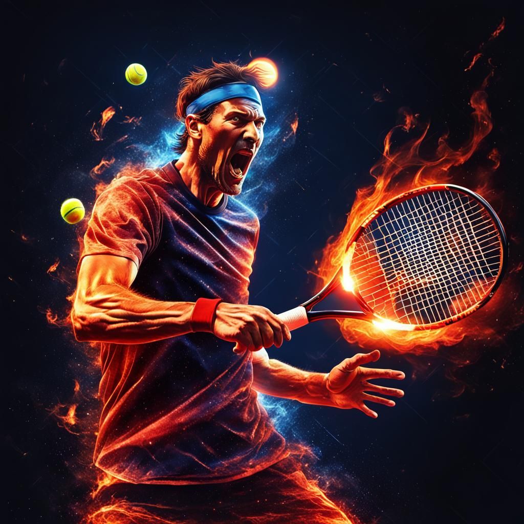 Surreal Tennis Player Hits Flaming Ball into Space