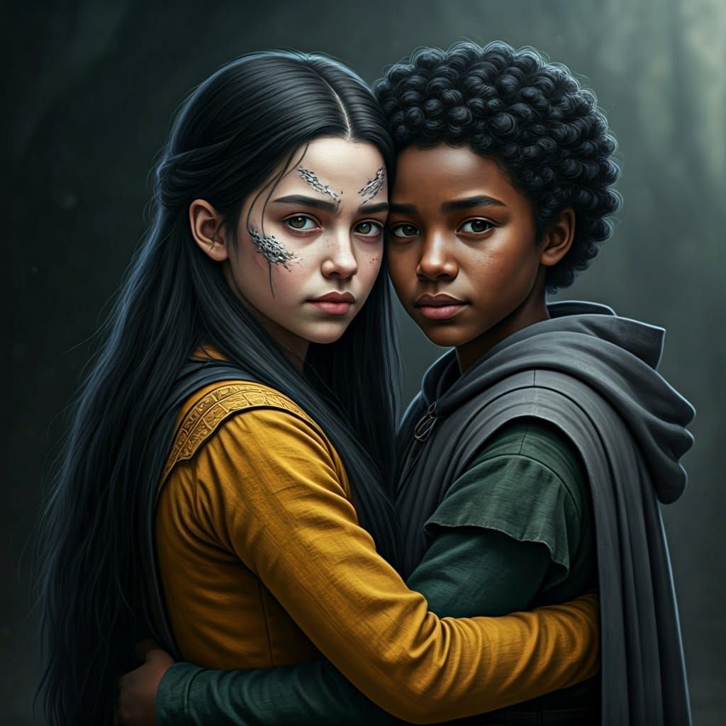 Two Young Girls Embracing in Medieval Times