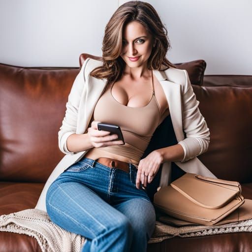 Smiling Brunette with Smartphone Wearing Crop Top