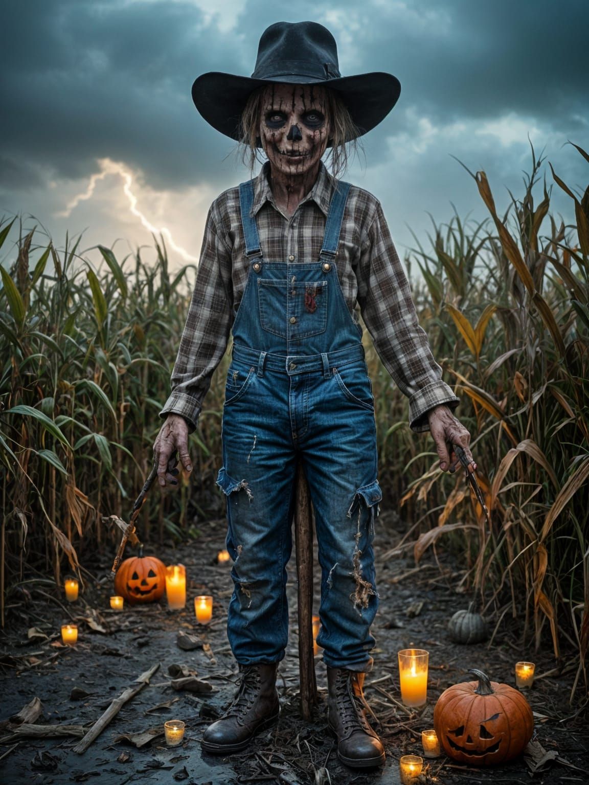 Creepy Scarecrow in Stormy Corn Maze