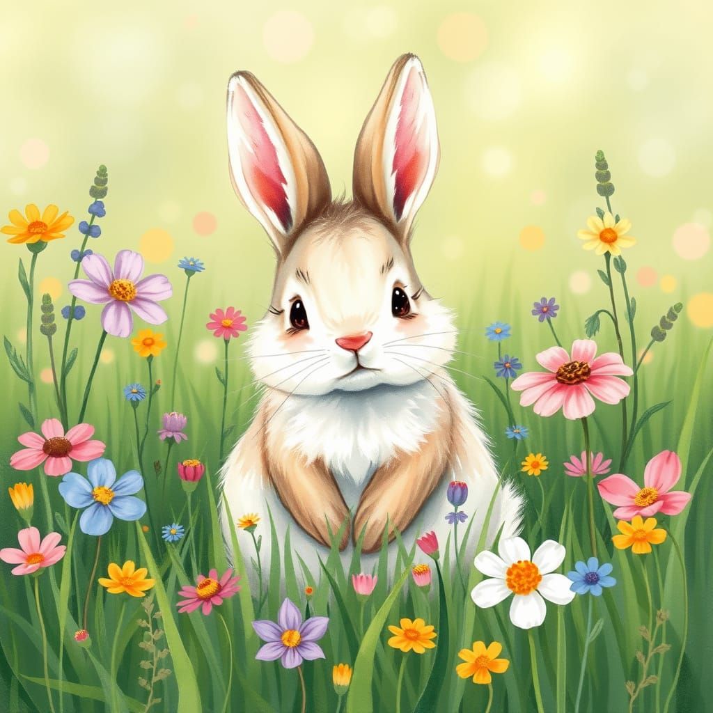 Whimsical Bunny in Wildflower Meadow Watercolor