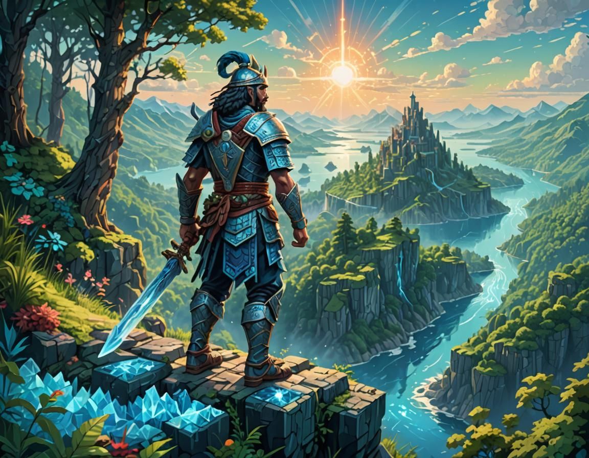 Fantasy Warrior Pixel Art Portrait on Forest Hillside