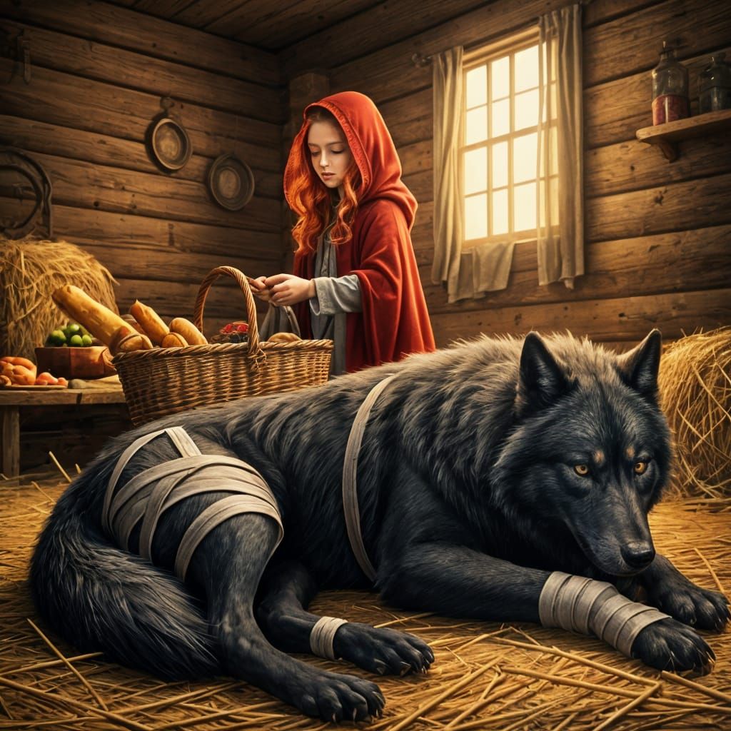 Girl Nurtures Wounded Wolf in Cozy Cabin