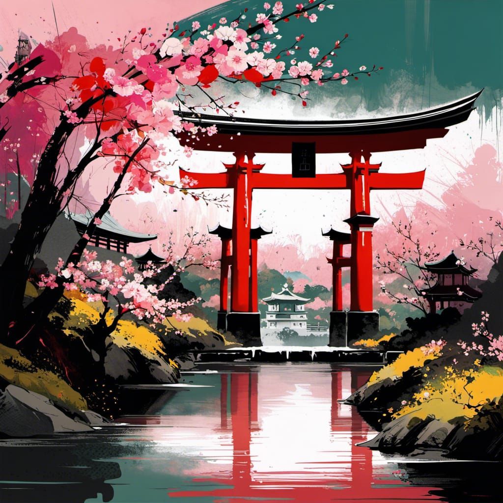 Cherry Blossom Garden with Torii Gates Fine Art