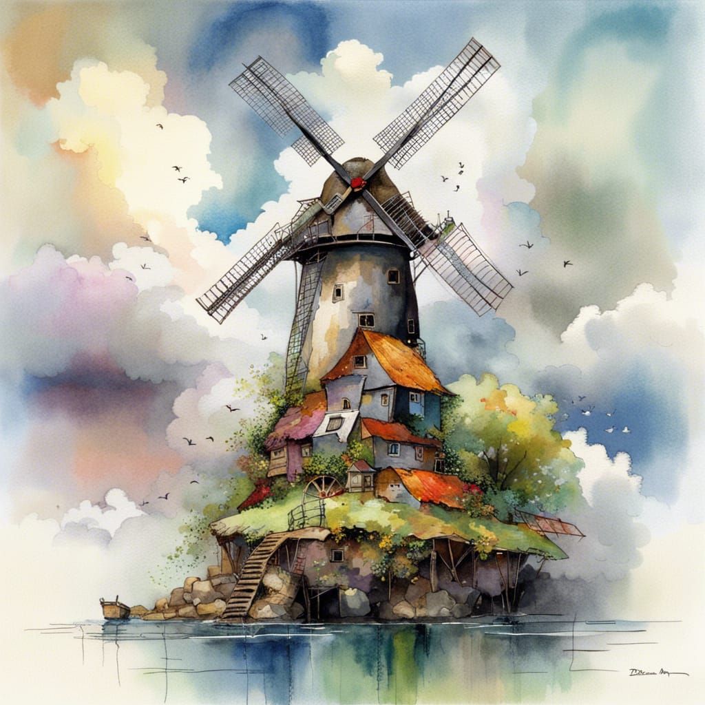Fantasy Windmill on Sky Island in Watercolor Style