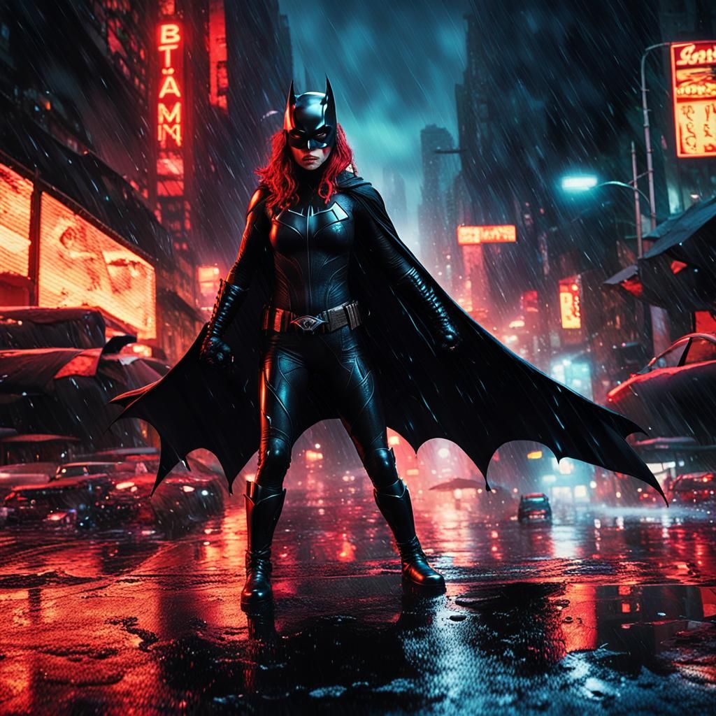 Batwoman in Cyberpunk Style on Rainy Streets