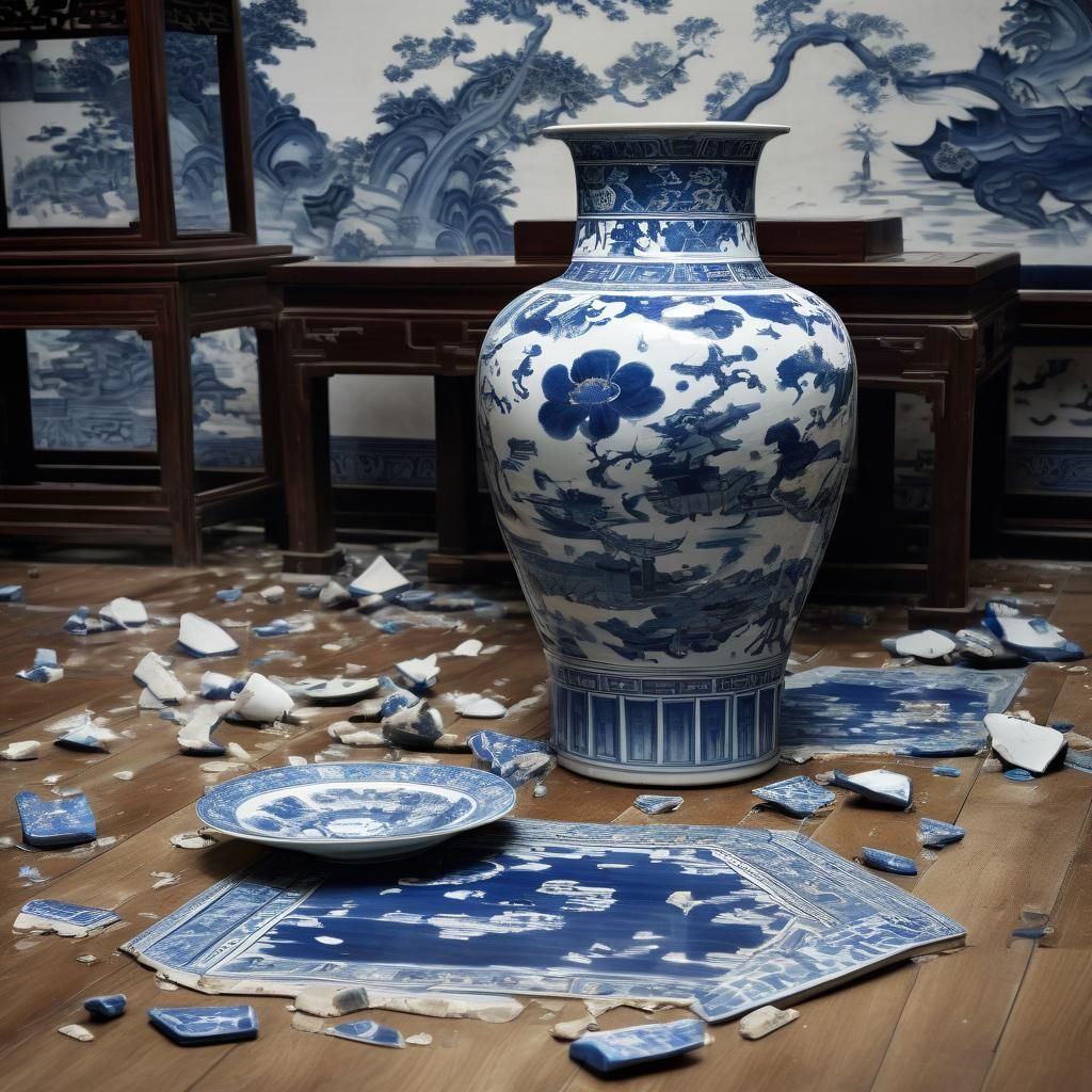 Shattered Ming Vase on Polished Floor