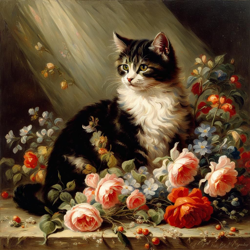 Cute Cat with Flowers in Romantic Style