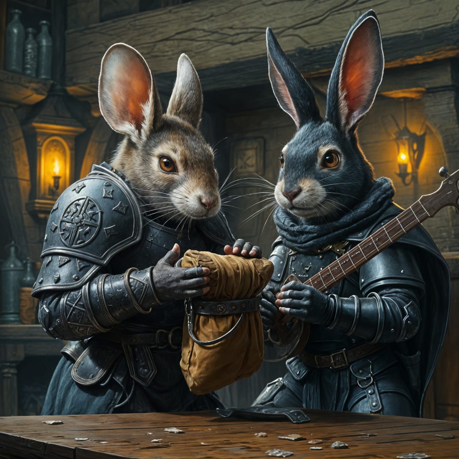 Mouse Mercenary and Rabbit Bard in Dark Tavern