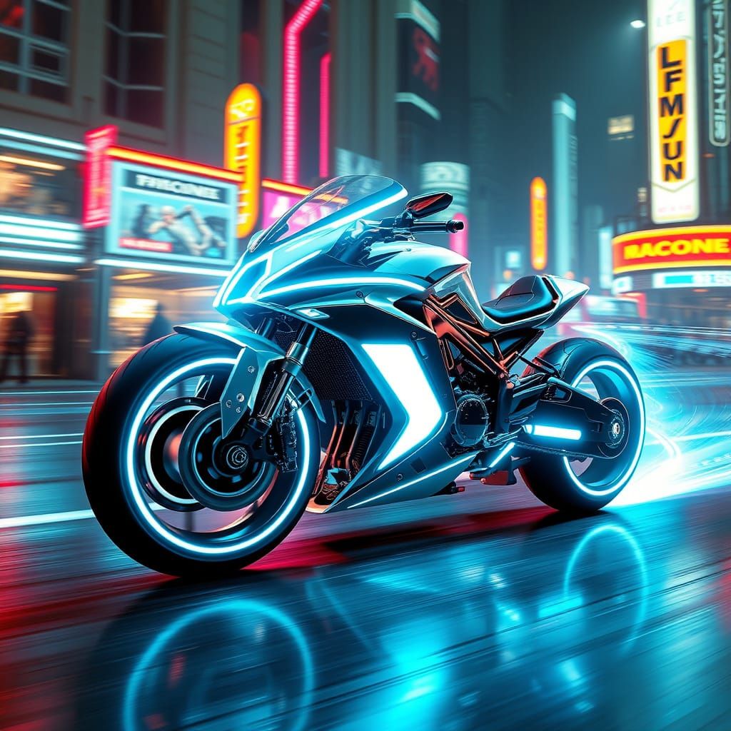 Electric Blue Tron-Inspired Cyberbike in Neon City