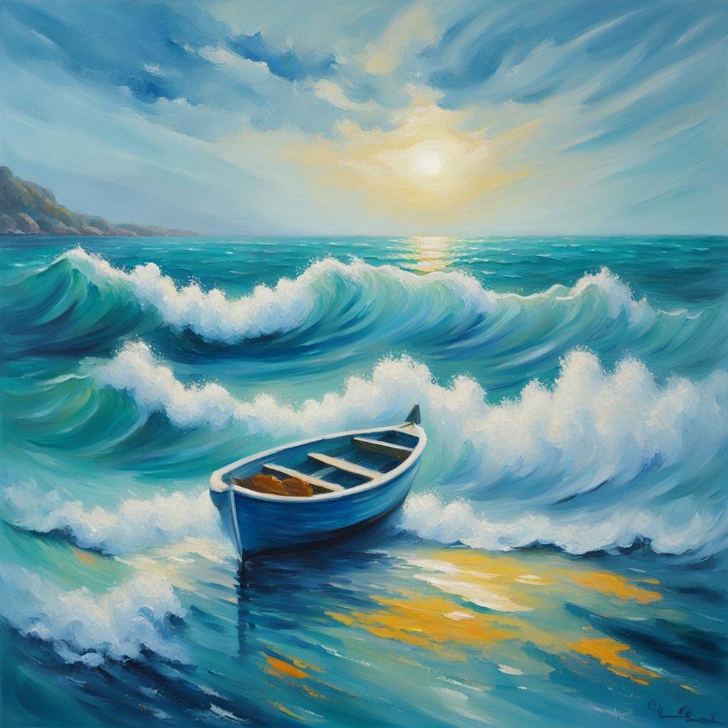 Dreamy Blue Seaside Oil Painting in Impressionistic Style