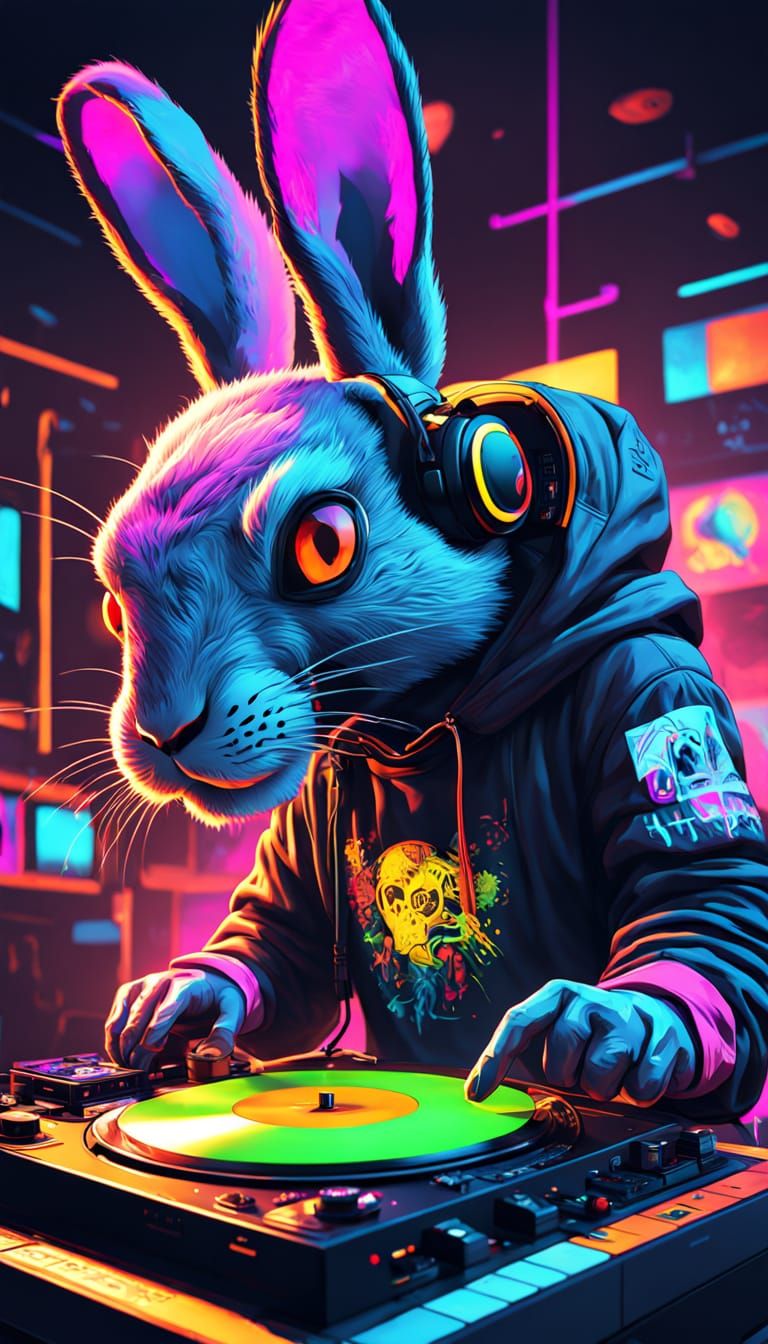 Vibrant Rabbit DJ Shines in Neon Graffiti Nightclub Scene
