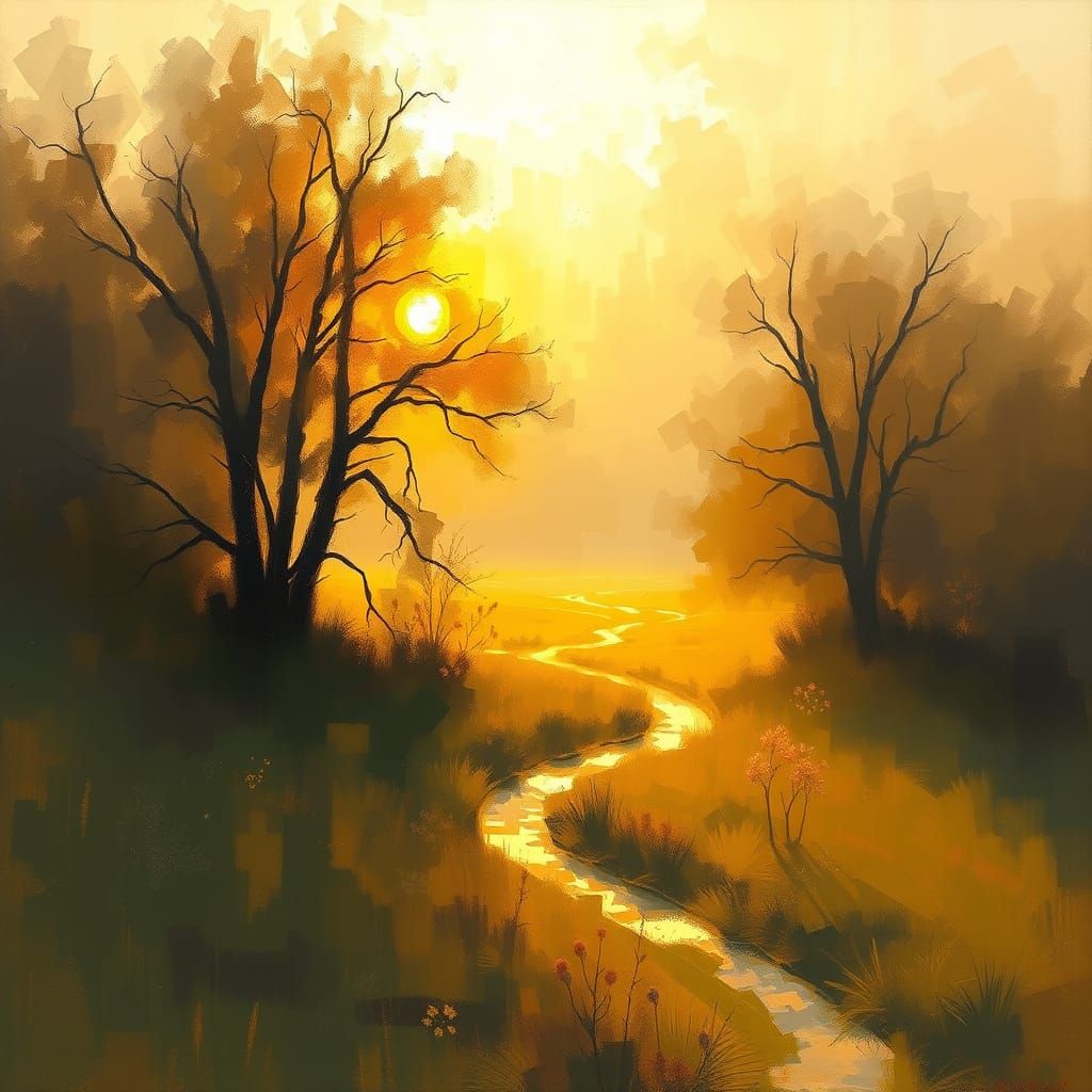 Golden Light in Impressionist Landscape