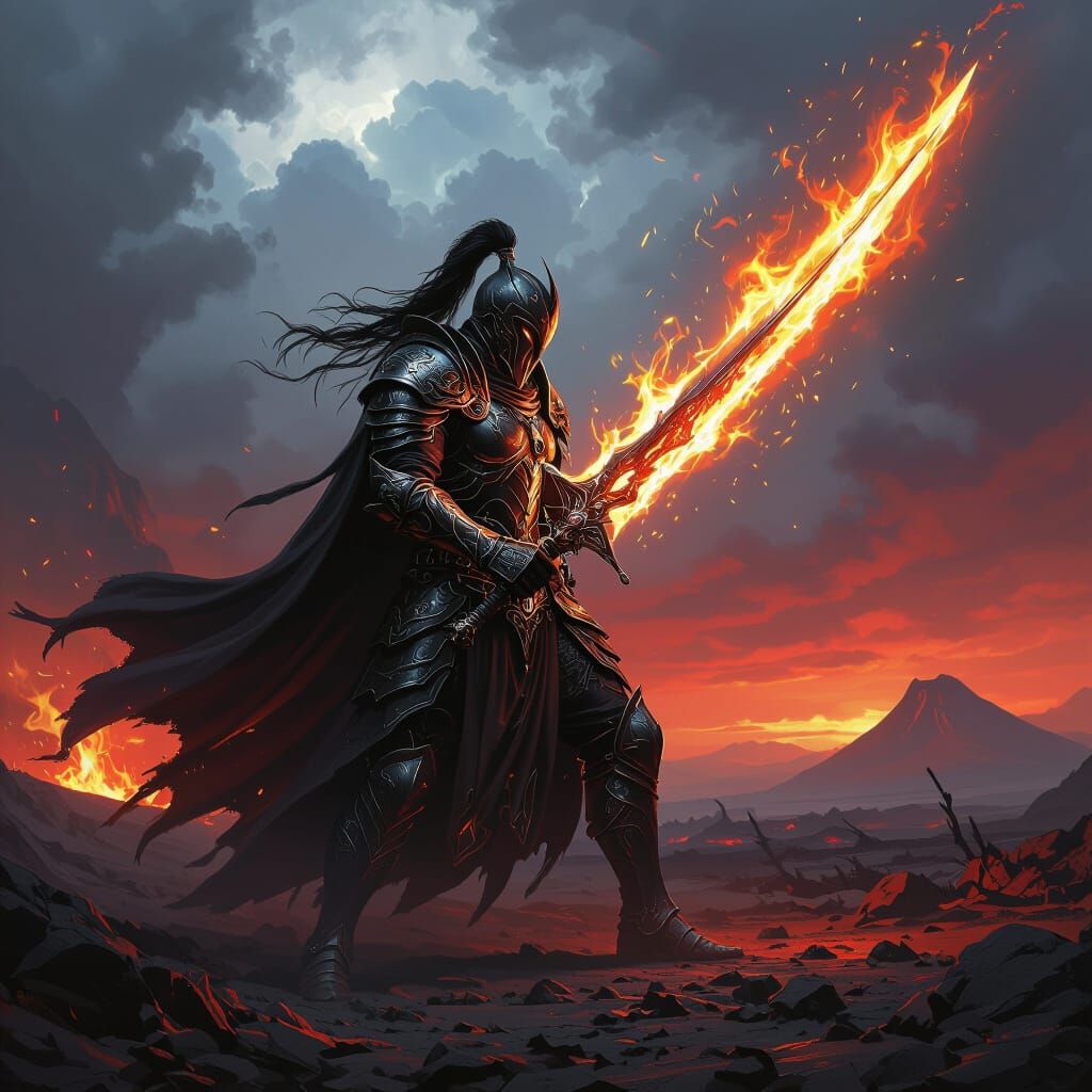 Warrior with Flaming Sword in Volcanic Landscape