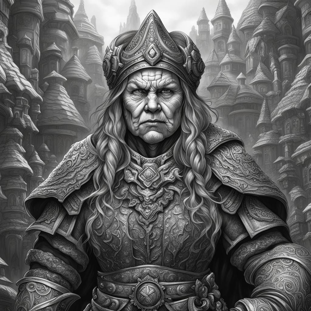 Detailed Ink Drawing of a Female Dwarf