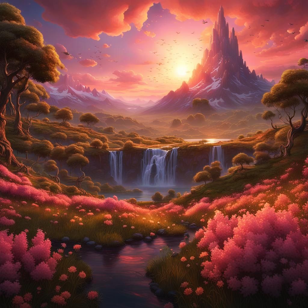 Vivid Sunset Over Mountain Valley: Fantasy Concept Art
