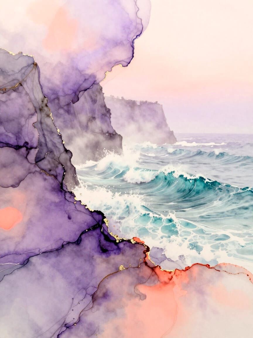 Dreamy Coastal Cliffs at Dawn with Crashing Teal Waves