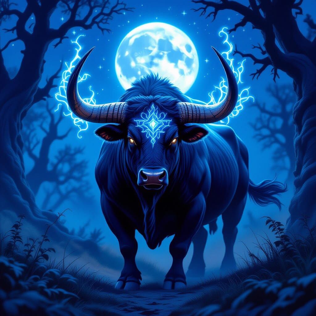 Majestic Bull with Glowing Runes in Moonlit Forest