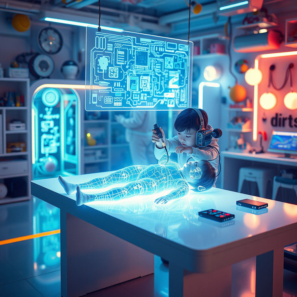 Holographic Girl Being Repaired in Futuristic Playroom