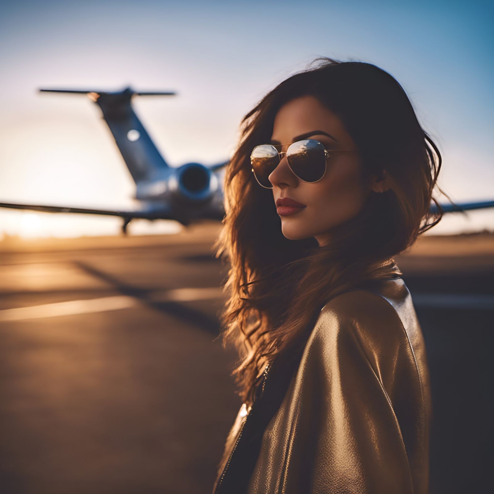 Brunette with Jet at Night in Golden Hour