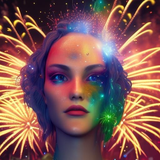 Fireworks Portrait for New Year Celebration in Cyberpunk Sty...