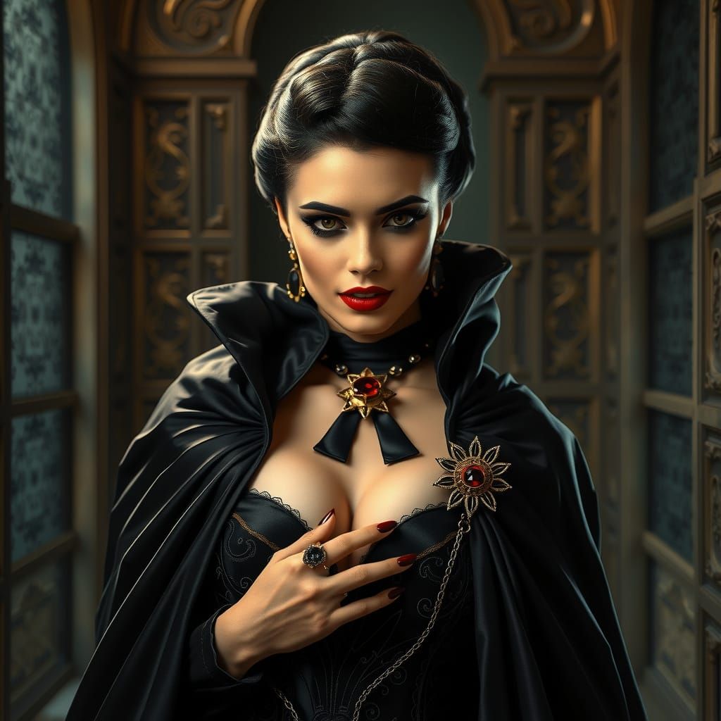 Seductive Vampire Countess in Futuristic Luxury Gown